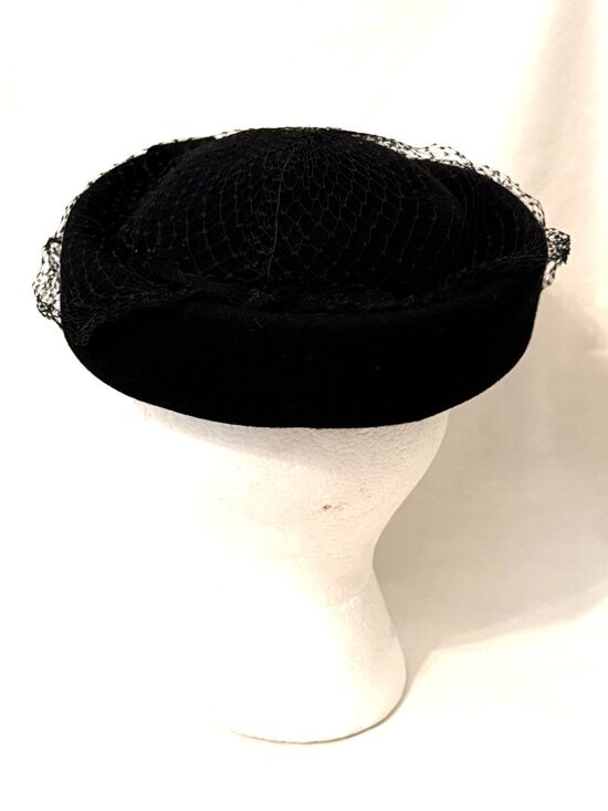 Vintage Ladies 1950s Black Hat Ritz Henry Pollak 100% Wool Beaded Veiling Retro main image 4